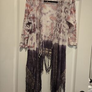 XCVI dusty Pink, Greys open lacy shawl with long sleeves. Great for all events.